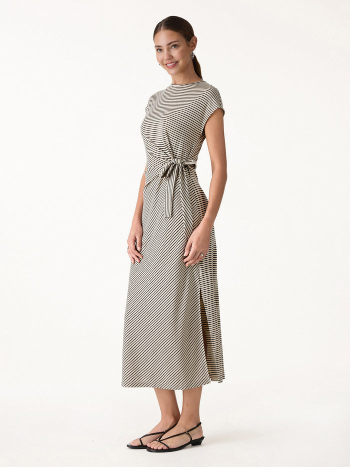 OGLmove Striped Relaxed Midi Dress with Self-Tie Khaki/Black Stripe XS