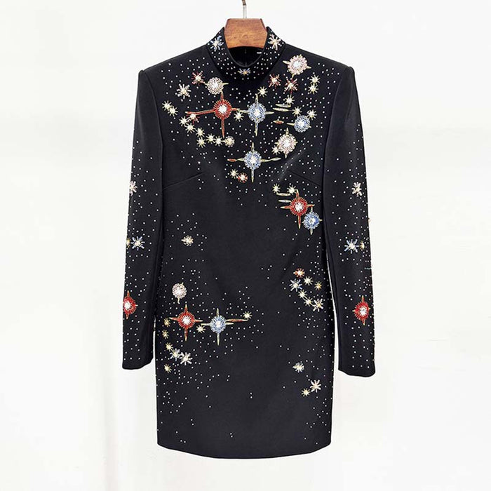 Elegant black beaded crystal mini dress with sparkling embellishments and a chic collar design