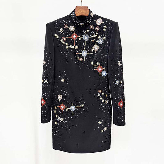Elegant black beaded crystal mini dress with sparkling embellishments and a chic collar design