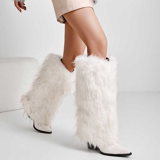 Stylish white faux fur boots for women with a trendy high design perfect for winter fashion