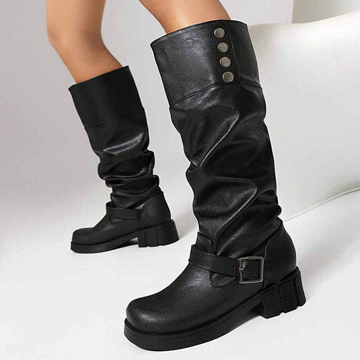 Stylish women's boots for prom featuring a slouchy design and buckle detail in black leather