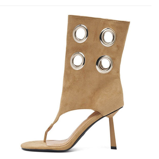 Suede Cutout Eyelet Booties – Edgy High Heel Sandals