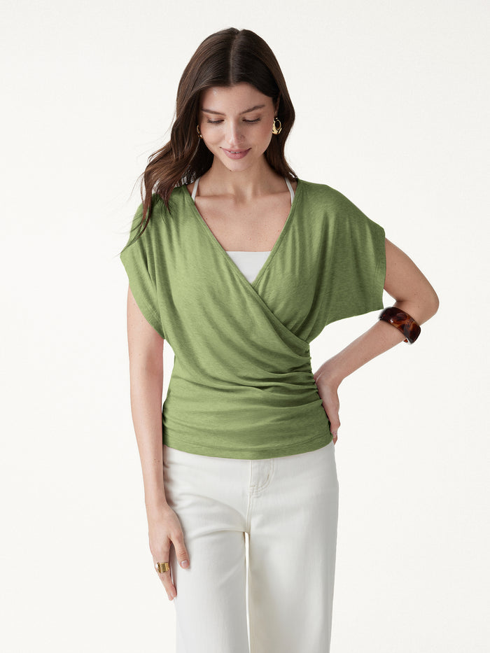 OGLmove Summer Lyocell Wool Suprlice Ruched Short Sleeve Top Heather Light Peridot XS