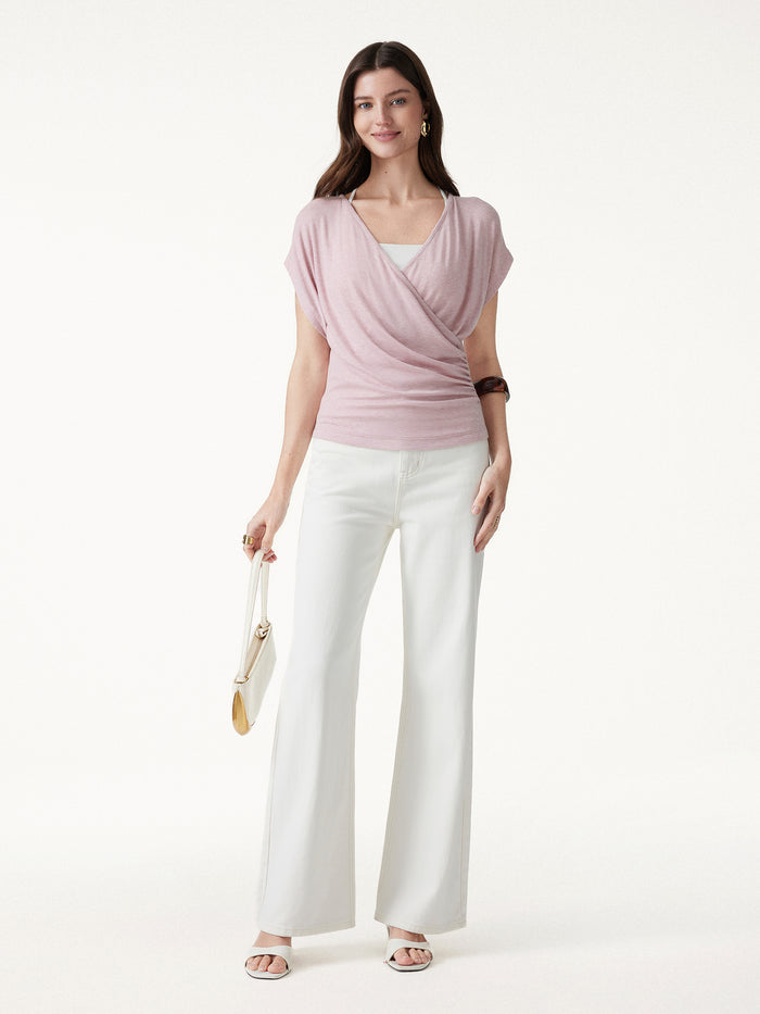 OGLmove Summer Lyocell Wool Suprlice Ruched Short Sleeve Top