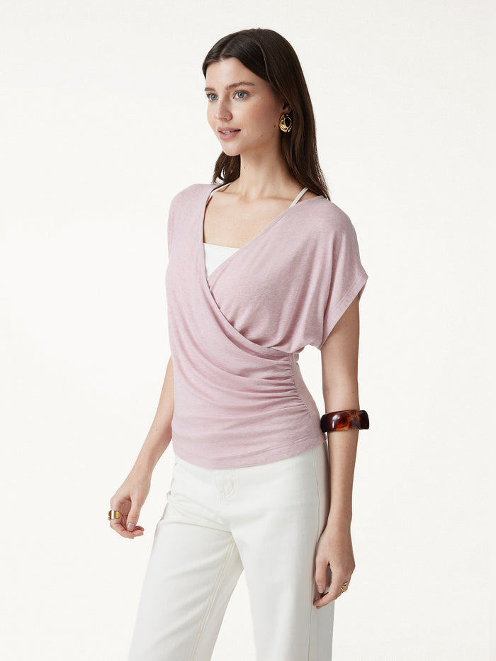 OGLmove Summer Lyocell Wool Suprlice Ruched Short Sleeve Top