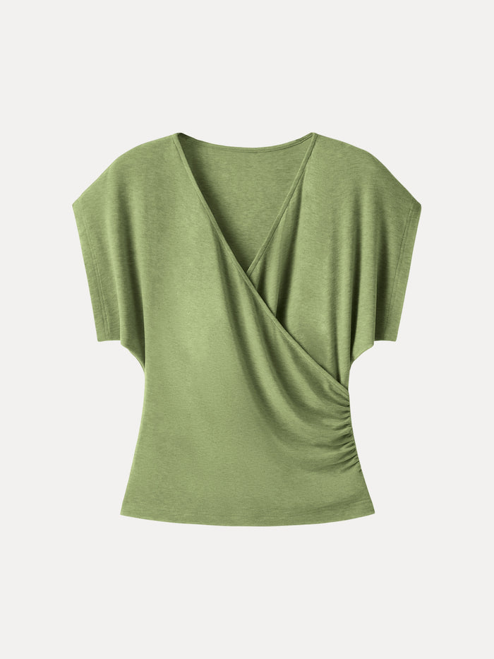 OGLmove Summer Lyocell Wool Suprlice Ruched Short Sleeve Top