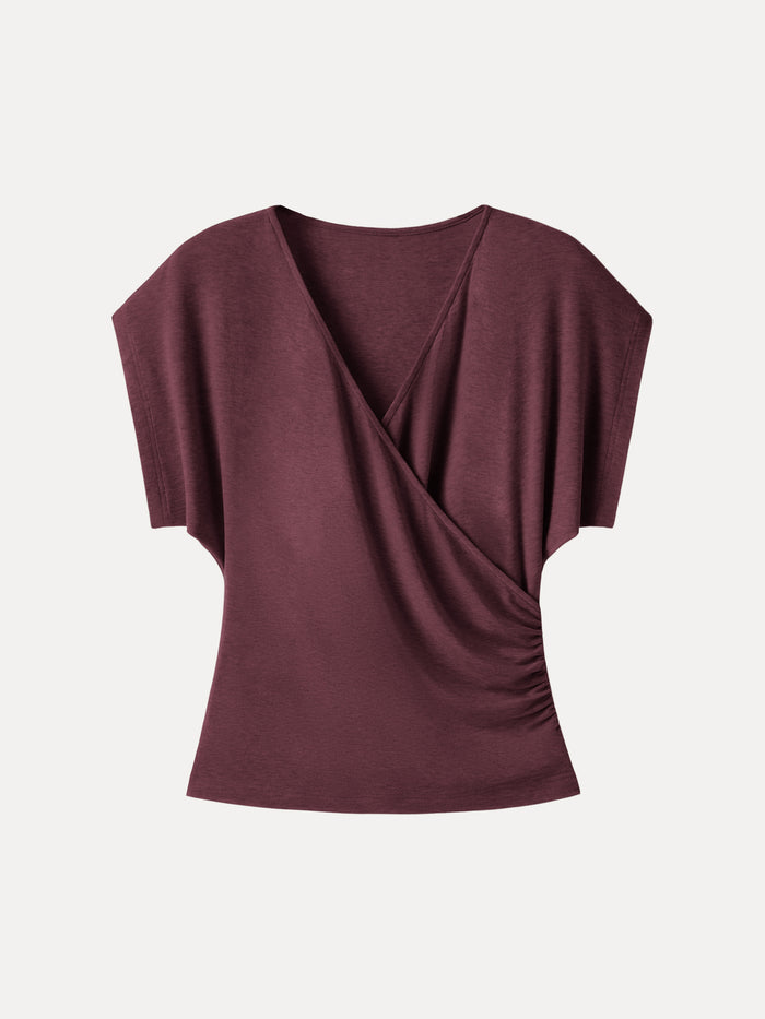 OGLmove Summer Lyocell Wool Suprlice Ruched Short Sleeve Top Wine XS