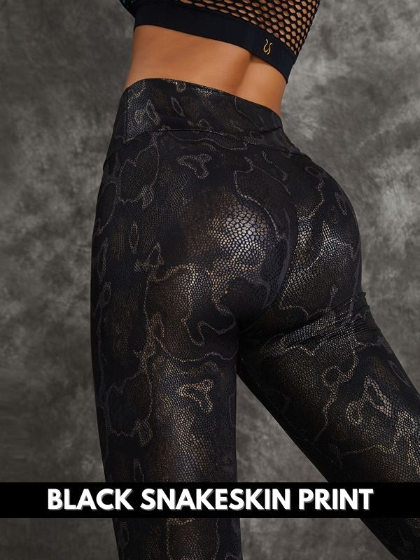 Super Stretchy Faux Leather Black Snake Print Leggings