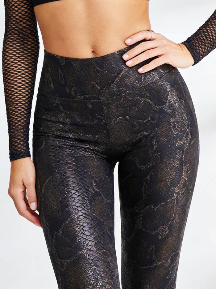 Super Stretchy Faux Leather Black Snake Print Leggings