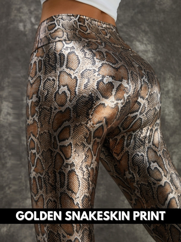 Super Stretchy Faux Leather Black Snake Print Leggings