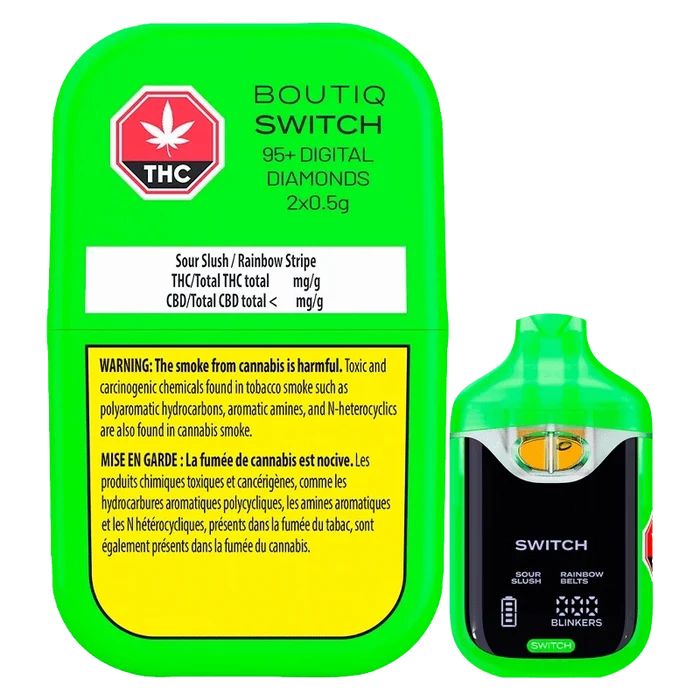 Close-up of the Switch 95+ Digital Diamonds Sour Slush / Rainbow Belts AIO Disposable Vape with vibrant colors and a metallic finish.