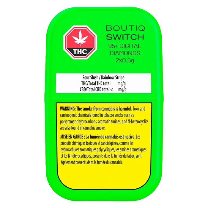 Close-up of the Switch 95+ Digital Diamonds Sour Slush / Rainbow Belts AIO Disposable Vape packaging with a warning about THC content.