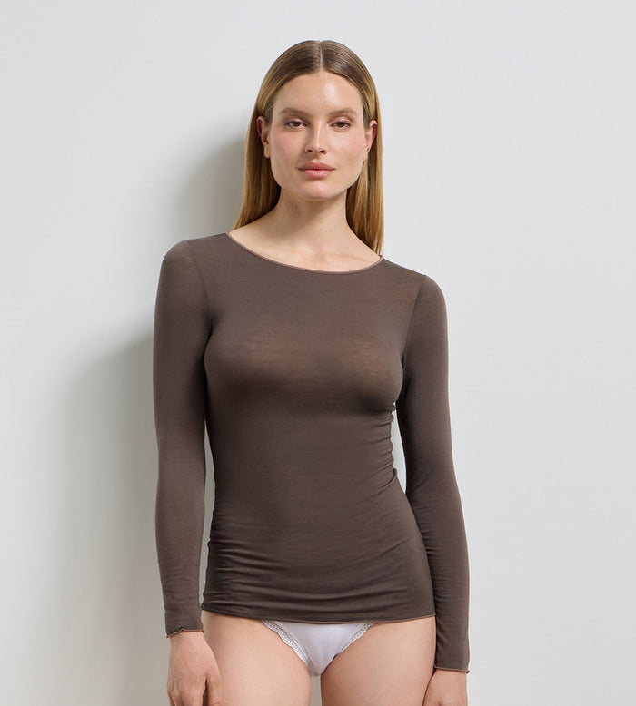 T-shirt col rond chocolat profond Thermal Light