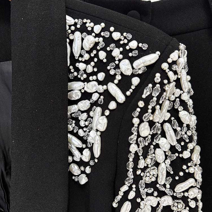 Tailored Black Pantsuit V-Neck Crystal Beaded Shoulder Formal Suit