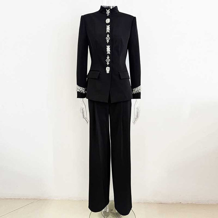 Elegant tailored wide leg trousers suit for women in black with intricate detailing and a chic design