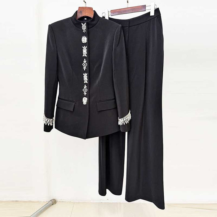 Elegant tailored wide leg trousers suit for women in black with stylish embellishments