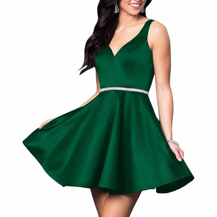 Teens Short Homecoming Dresses Pocket V-Neck Open Back Satin Prom Party Gowns