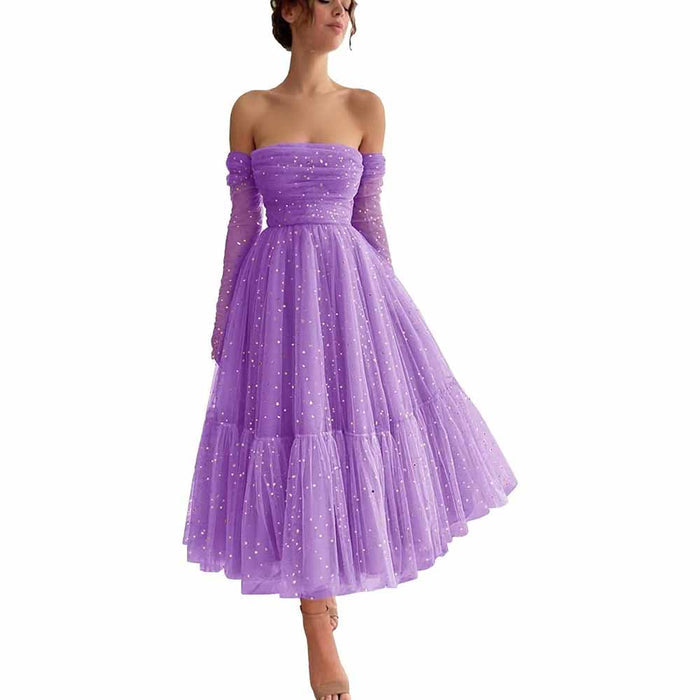 Teens Sparkly Starry Tulle Prom Dresses Off Shoulder Homecoming Dresses Formal Dress