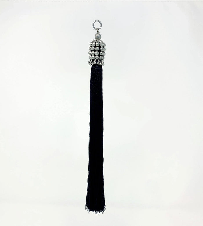 handcrafted beaded polyester tassel in black threads by object and dawn