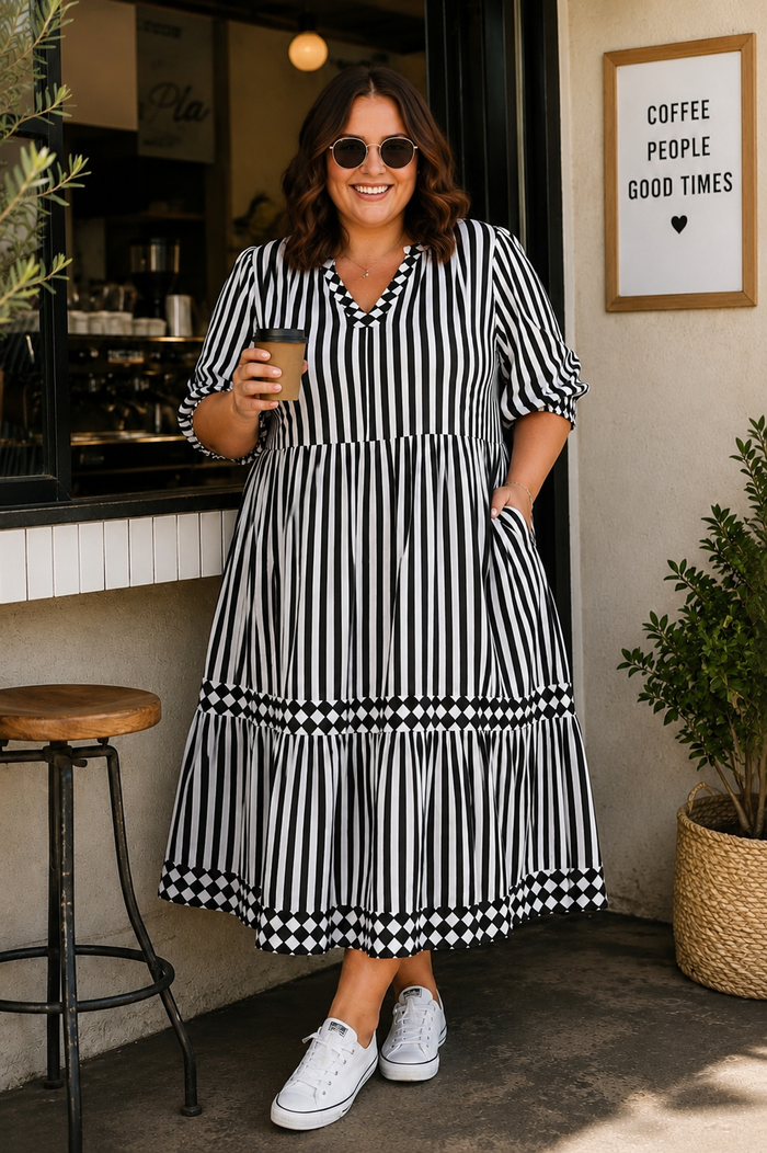Threadz Harlequin Tier Black & White Stripe Dress