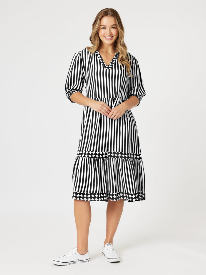 Threadz Harlequin Tier Black & White Stripe Dress