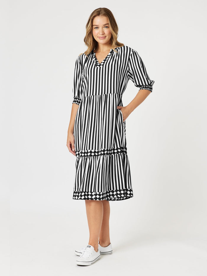 Threadz Harlequin Tier Black & White Stripe Dress