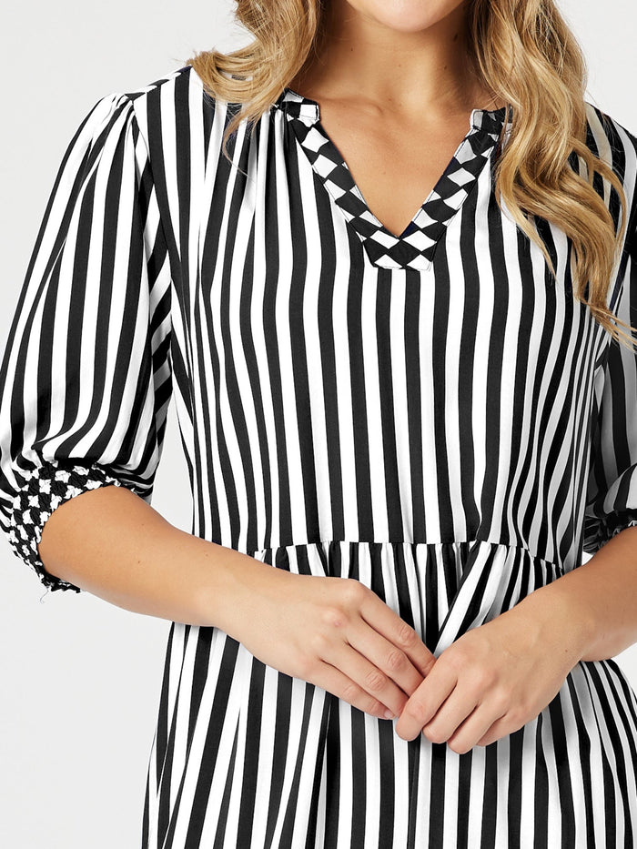 Threadz Harlequin Tier Black & White Stripe Dress