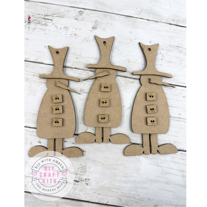 Three Primitive Snowmen wonky feet Ornaments DIY Kit