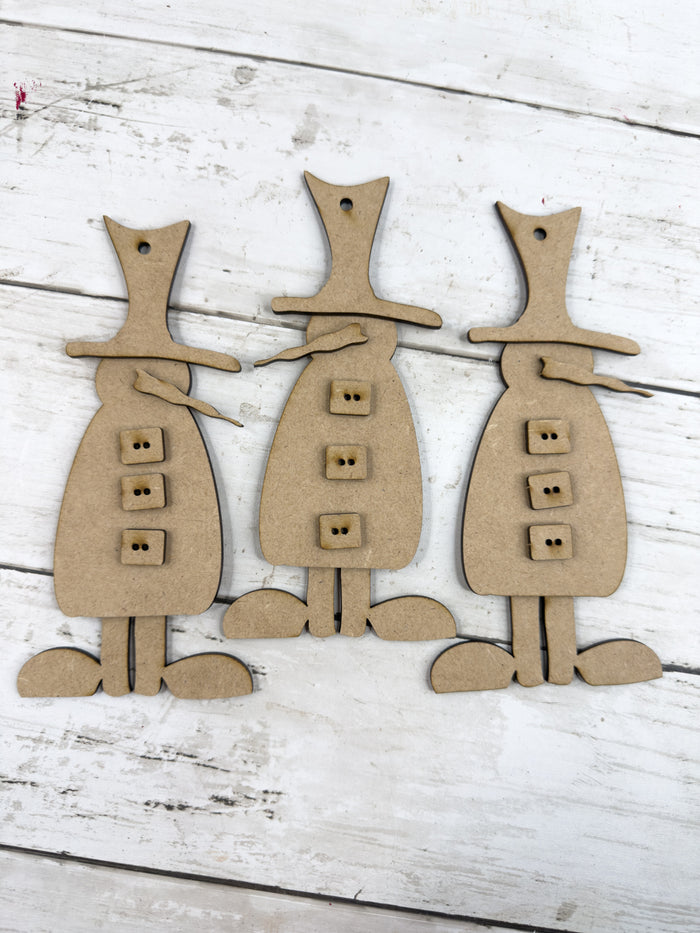 Three Primitive Snowmen wonky feet Ornaments DIY Kit