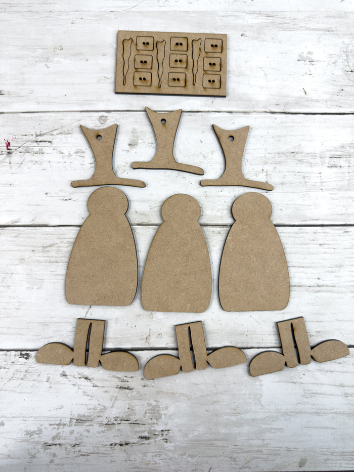 Three Primitive Snowmen wonky feet Ornaments DIY Kit