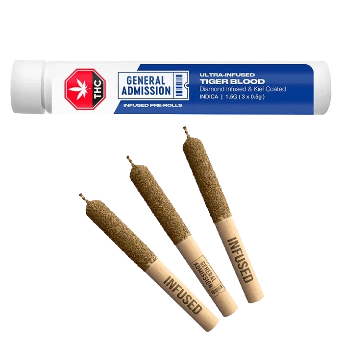 Close-up of the Tiger Blood Diamond Infused Pre Rolled 3 x 0.5 g joints, arranged against a dark backdrop and labeled with product information.