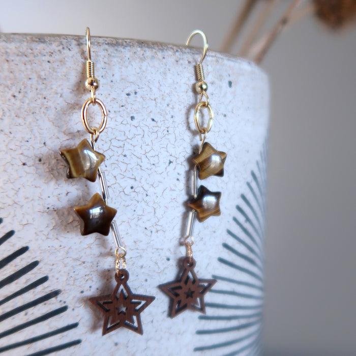 Tigers Eye Earrings hang on the vase