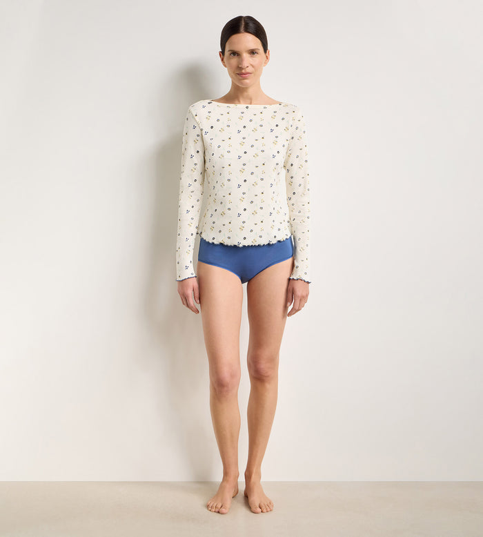 Top manches longues col bateau coton écru imprimé fleuri Slow Days Fresh Vibes