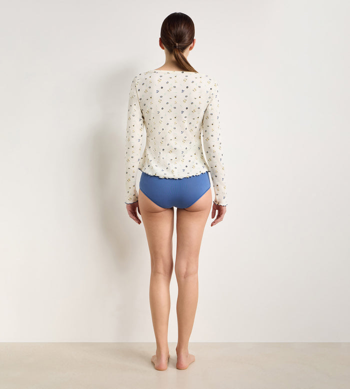 Top manches longues col bateau coton écru imprimé fleuri Slow Days Fresh Vibes