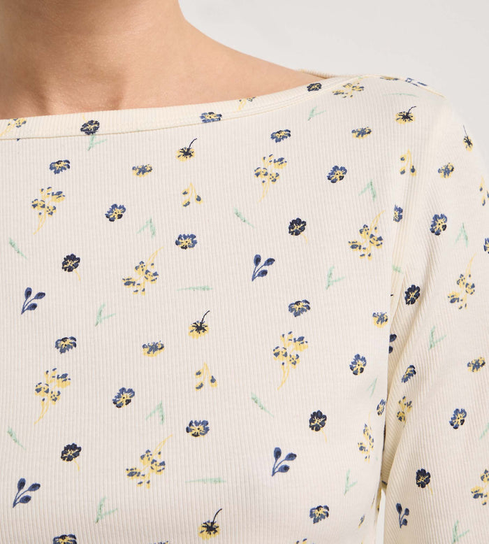 Top manches longues col bateau coton écru imprimé fleuri Slow Days Fresh Vibes