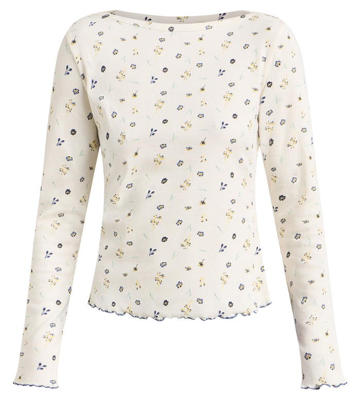 Top manches longues col bateau coton écru imprimé fleuri Slow Days Fresh Vibes