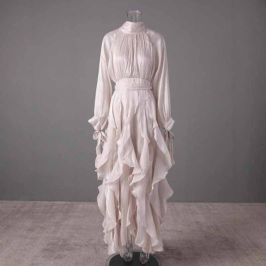 Trendy Stand Collar Ruffle Long Sleeve Dress with Waist Shaping