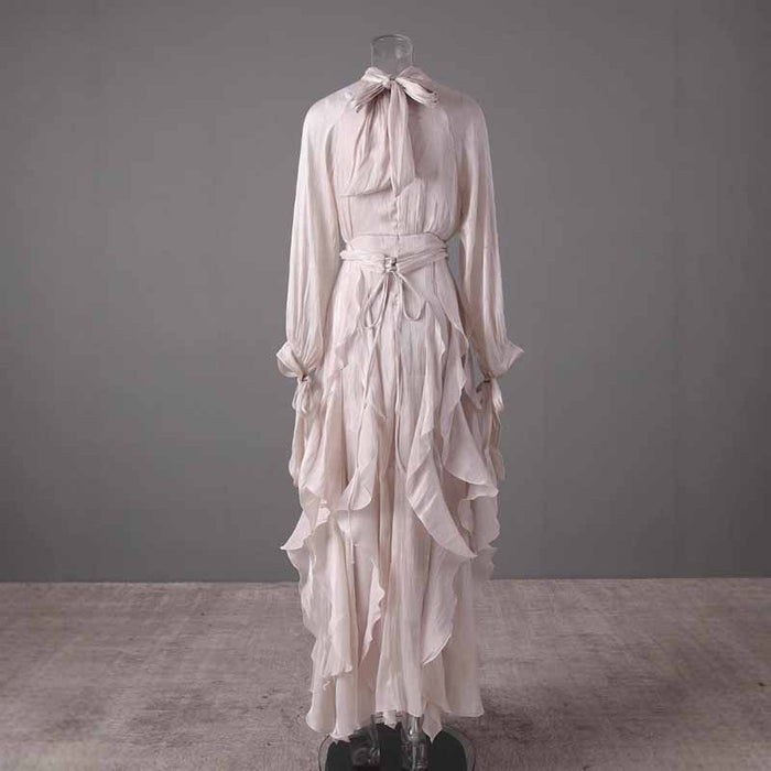 Trendy Stand Collar Ruffle Long Sleeve Dress with Waist Shaping