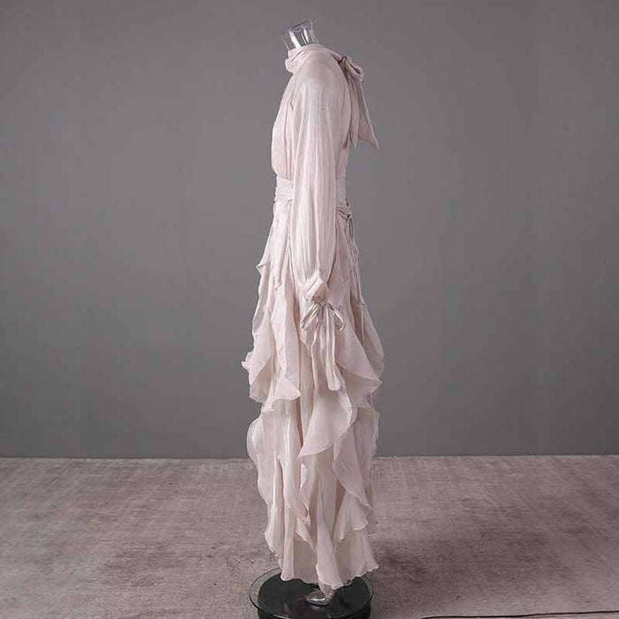 Trendy Stand Collar Ruffle Long Sleeve Dress with Waist Shaping
