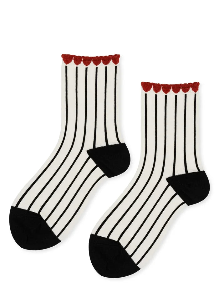 Tulip Top Short Crew socks in black and white vertical stripe with red tulip scallop cuff and black heel and toe, flat lay product shot