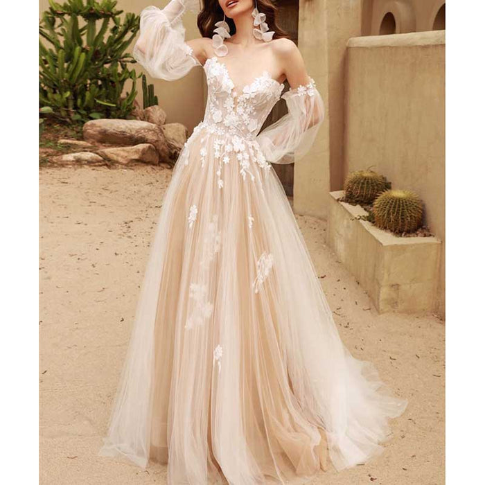 Tulle Puffy Sleeves V-Neck A Line Wedding Dress Bridal Gown Lace Dress
