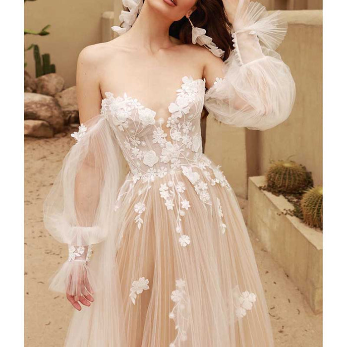 Tulle Puffy Sleeves V-Neck A Line Wedding Dress Bridal Gown Lace Dress