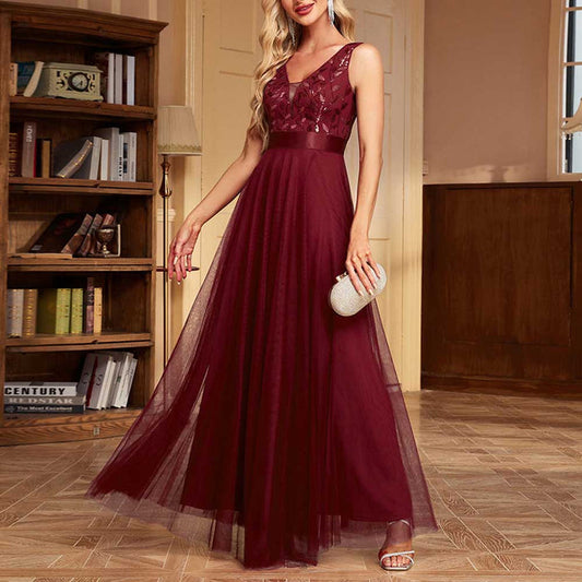 Tulle Sequin Wedding Guest Dress V-Neck Sleeveless Long Evening Dress
