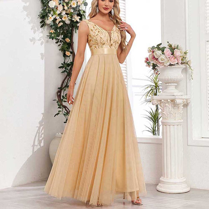 Tulle Sequin Wedding Guest Dress V-Neck Sleeveless Long Evening Dress