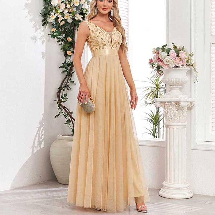 Tulle Sequin Wedding Guest Dress V-Neck Sleeveless Long Evening Dress