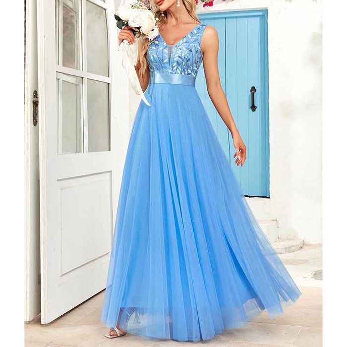 Tulle Sequin Wedding Guest Dress V-Neck Sleeveless Long Evening Dress