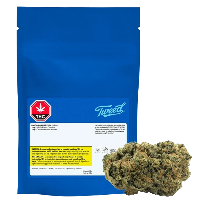 Front view of the Tweed Blood Orange Kush packaging, displaying a vibrant orange-themed design with cannabis leaf imagery.