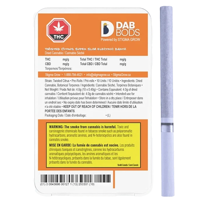 Twisted Citrus Super Slim Electric Dartz Pre Rolled shows a close-up of packaging with French text and branding details against a dark background.