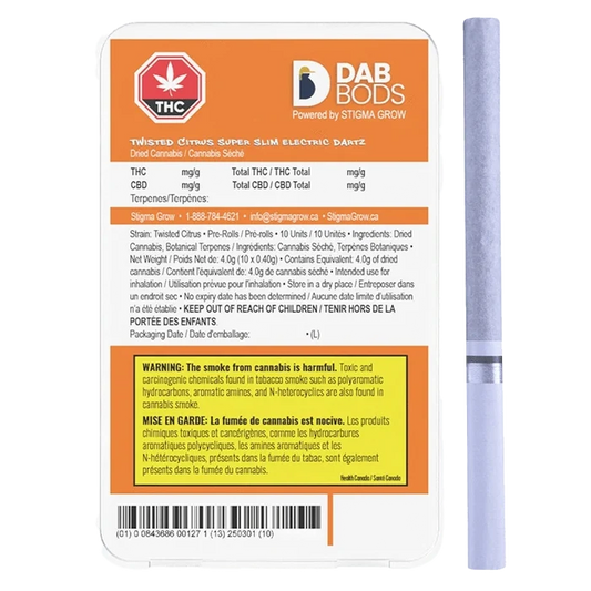 Twisted Citrus Super Slim Electric Dartz Pre Rolled shows a close-up of packaging with French text and branding details against a dark background.