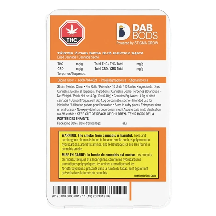 Twisted Citrus Super Slim Electric Dartz Pre Rolled 10 x 0.4 g packaging displays cannabis content information in a close-up shot.